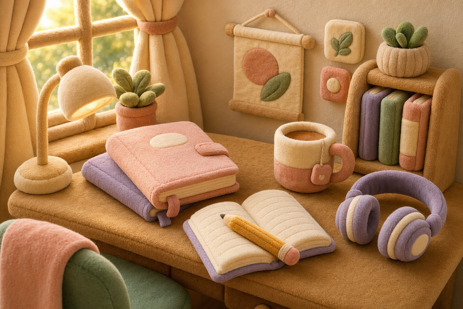 Cozy plush study nook with notebooks, a pencil, tea, and headphones in warm light — a calm setup for learning a language by yourself