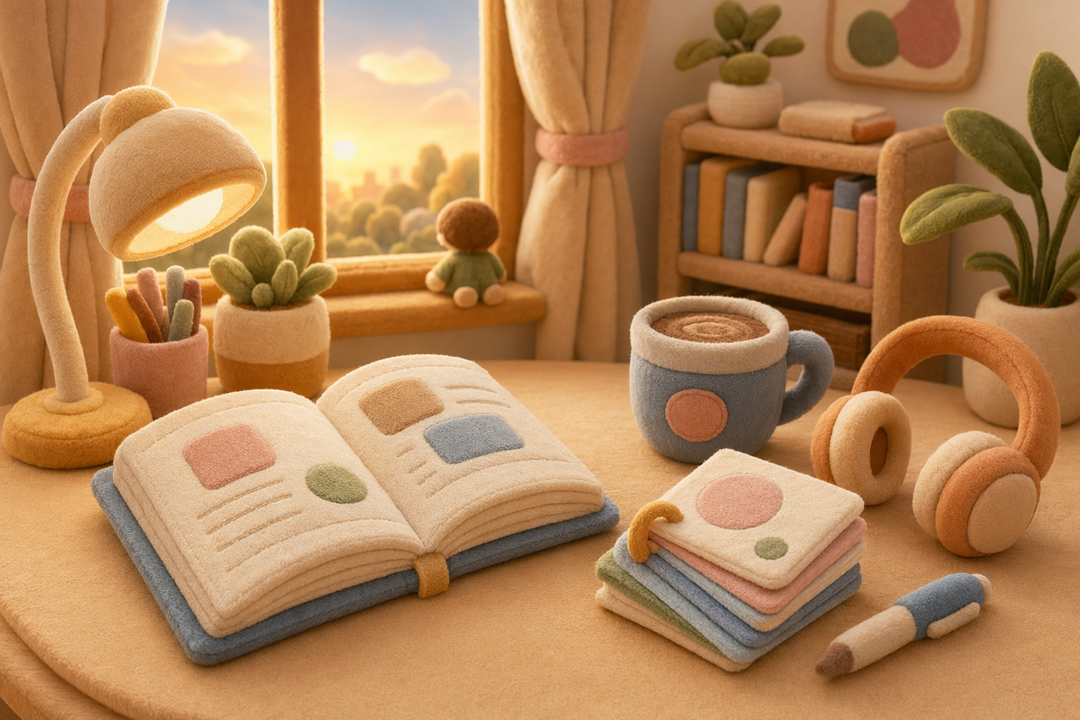 Plush desk at golden hour with an open book, a stack of flashcards, and coffee, illustrating the best way to learn a language