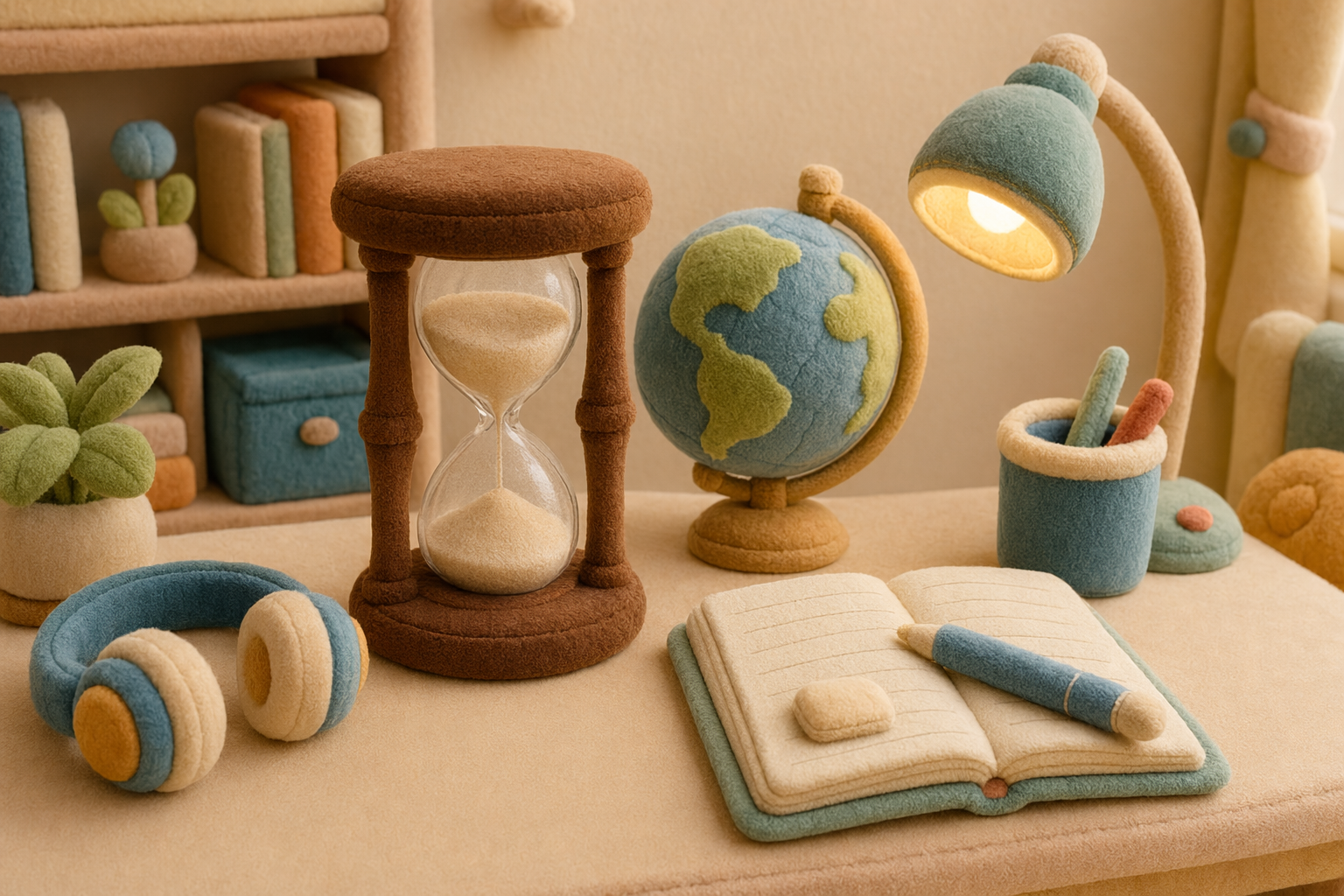 Plush hourglass beside a small globe and an open notebook in warm lamplight, evoking how long it takes to become fluent