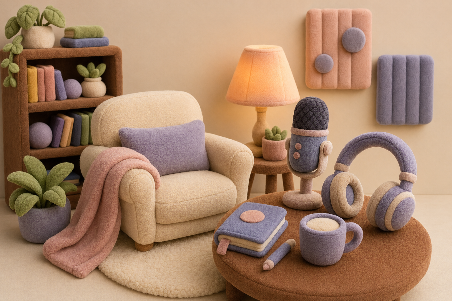 Cozy plush armchair with a microphone and headphones on a side table — practicing speaking a language alone