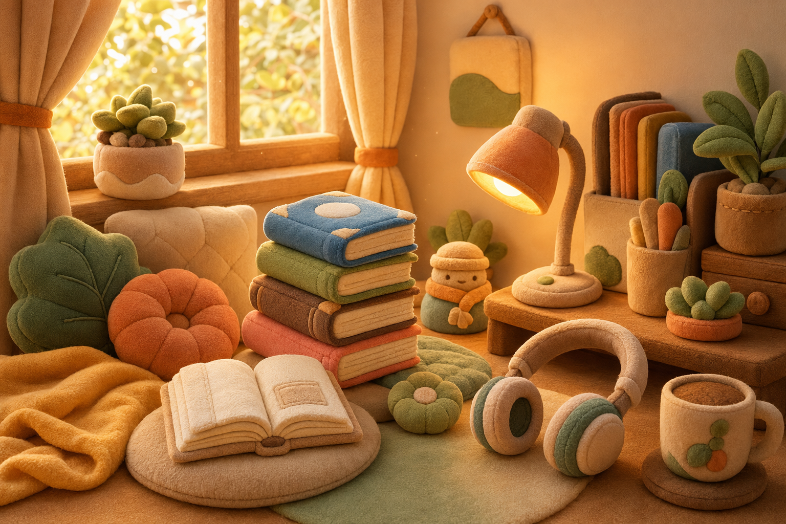 Reading nook with plush cushions and a stack of small worn books in warm light, evoking learning vocabulary fast