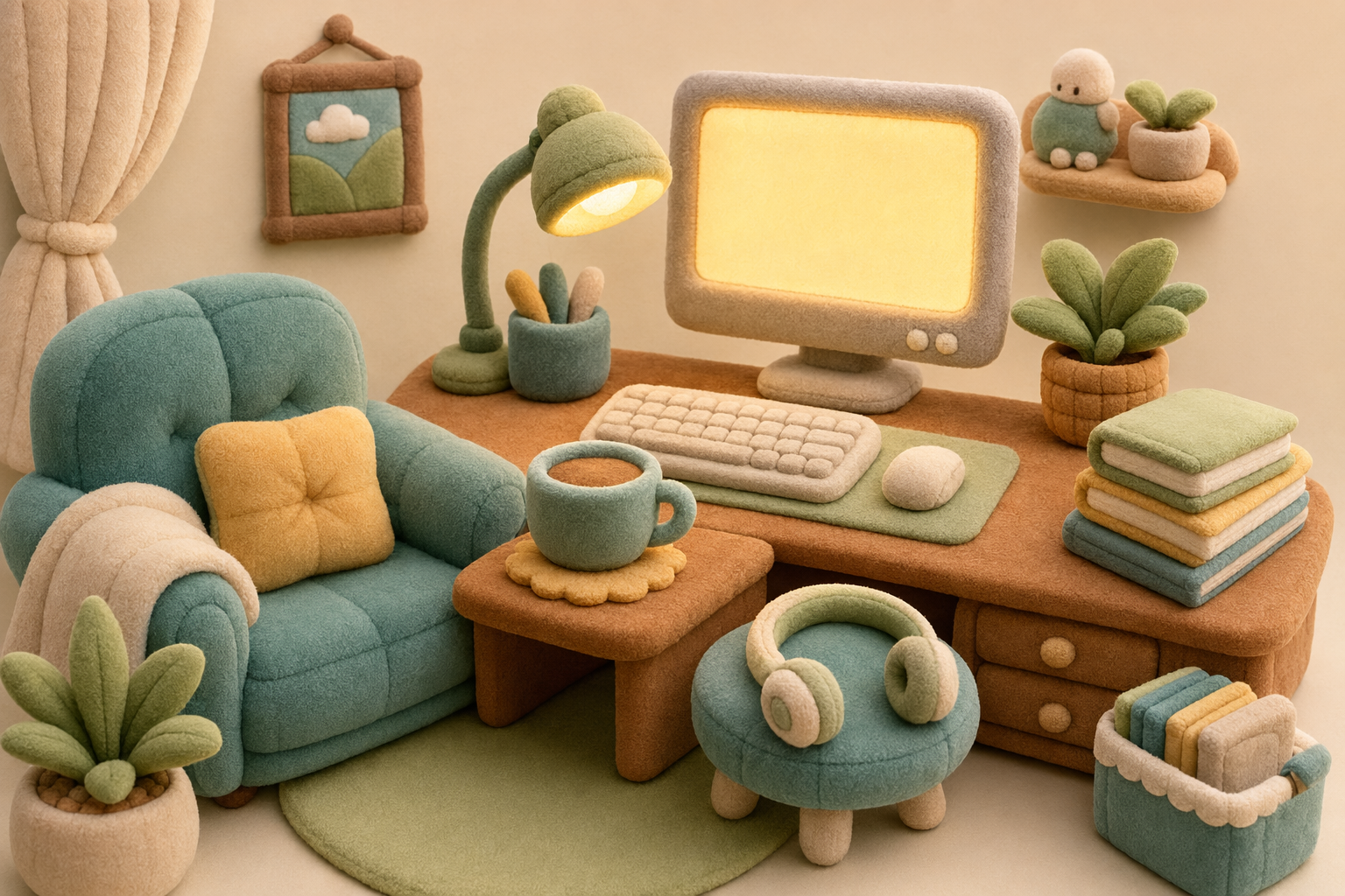 Cozy plush armchair by a softly glowing screen with tea and a plant, illustrating AI-powered language learning