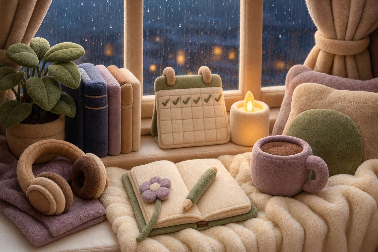 Snug windowsill on a rainy evening with a blanket, a candle, and a calendar of checkmarks — staying motivated learning a language