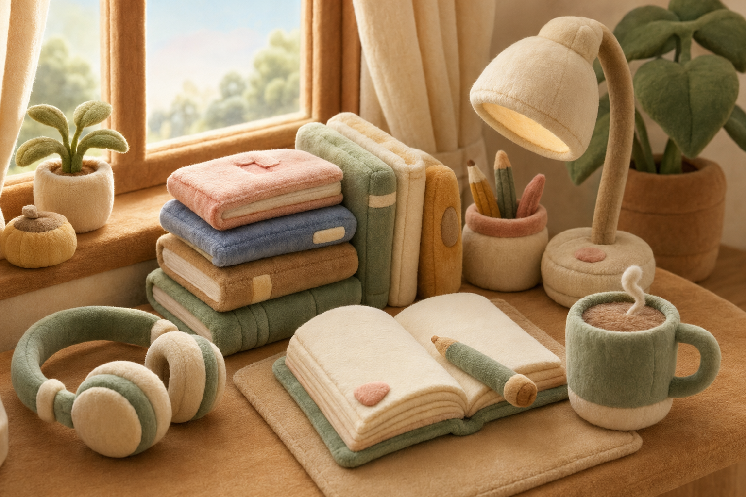 Sunlit windowsill with worn plush toys, an open notebook, and a steaming mug — the best free way to learn a language