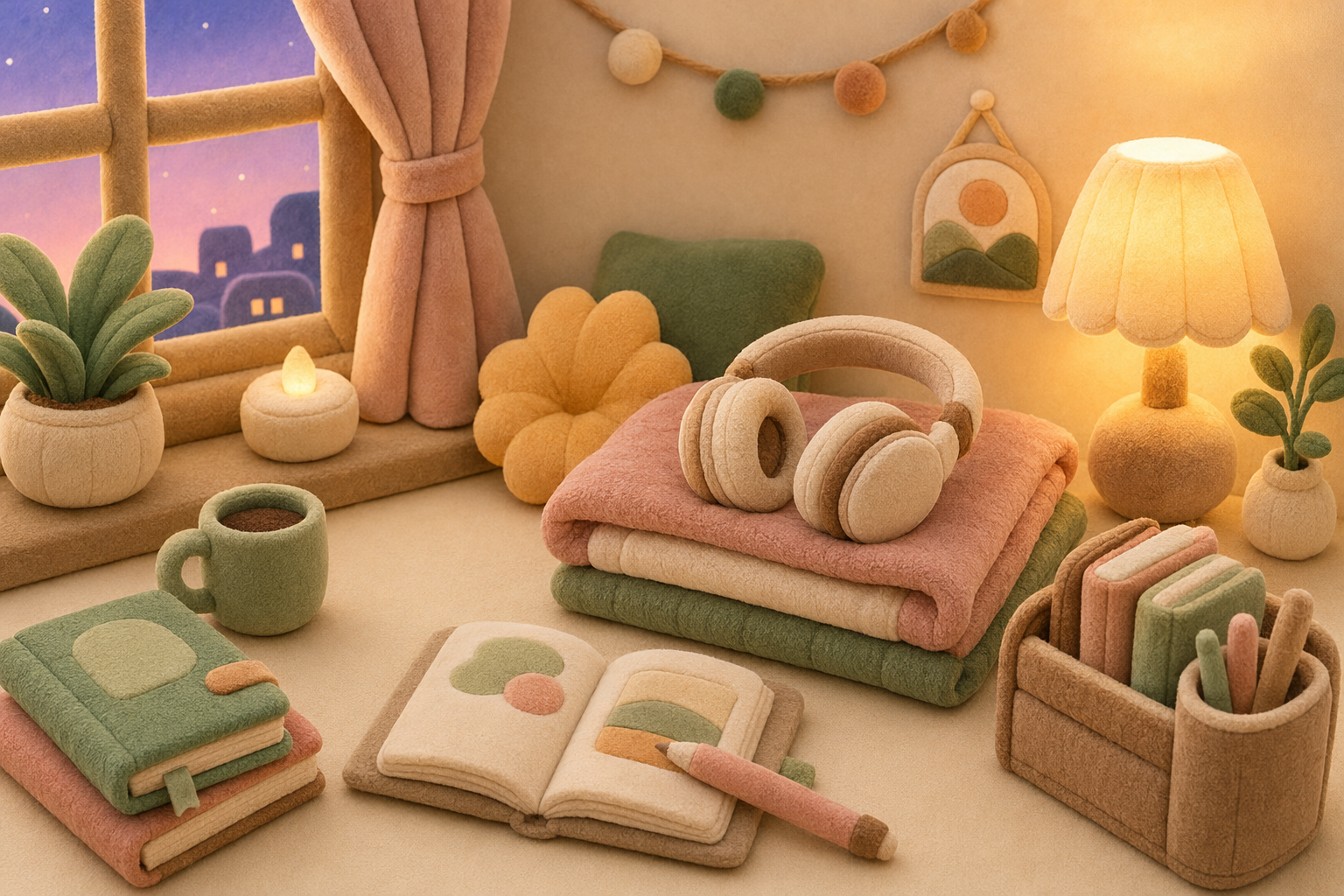 Quiet nook with headphones on a folded blanket beside a warm lamp, evoking understanding native speakers