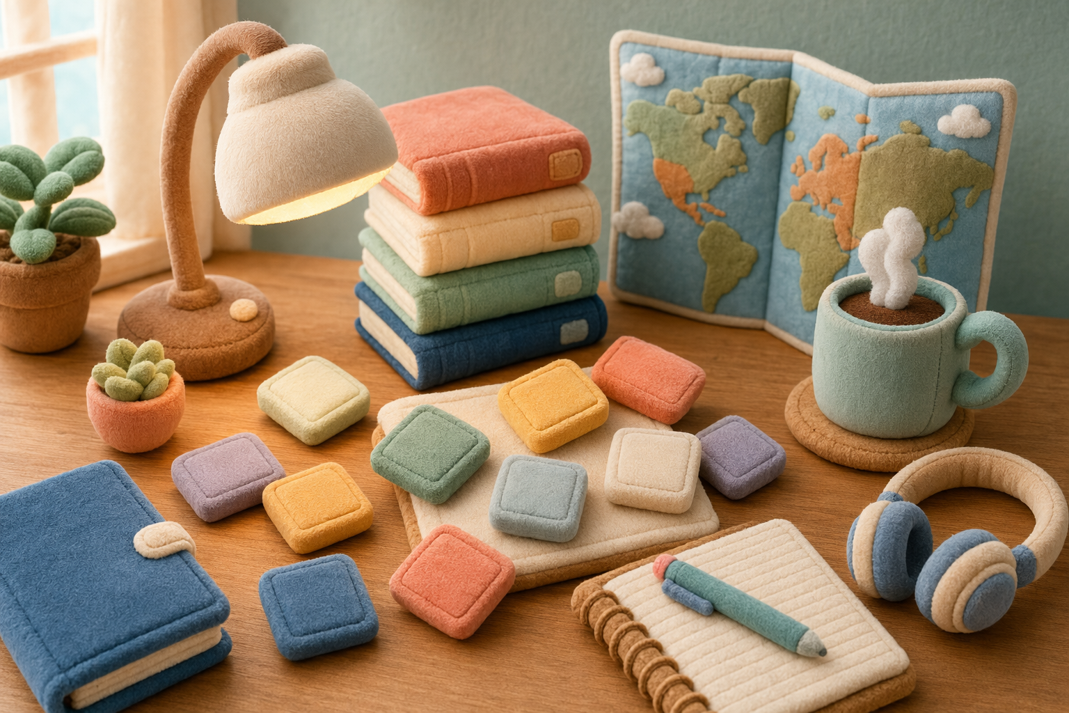 Plush lettered tiles scattered on a warm table beside a world map and a lamp — free daily language learning games