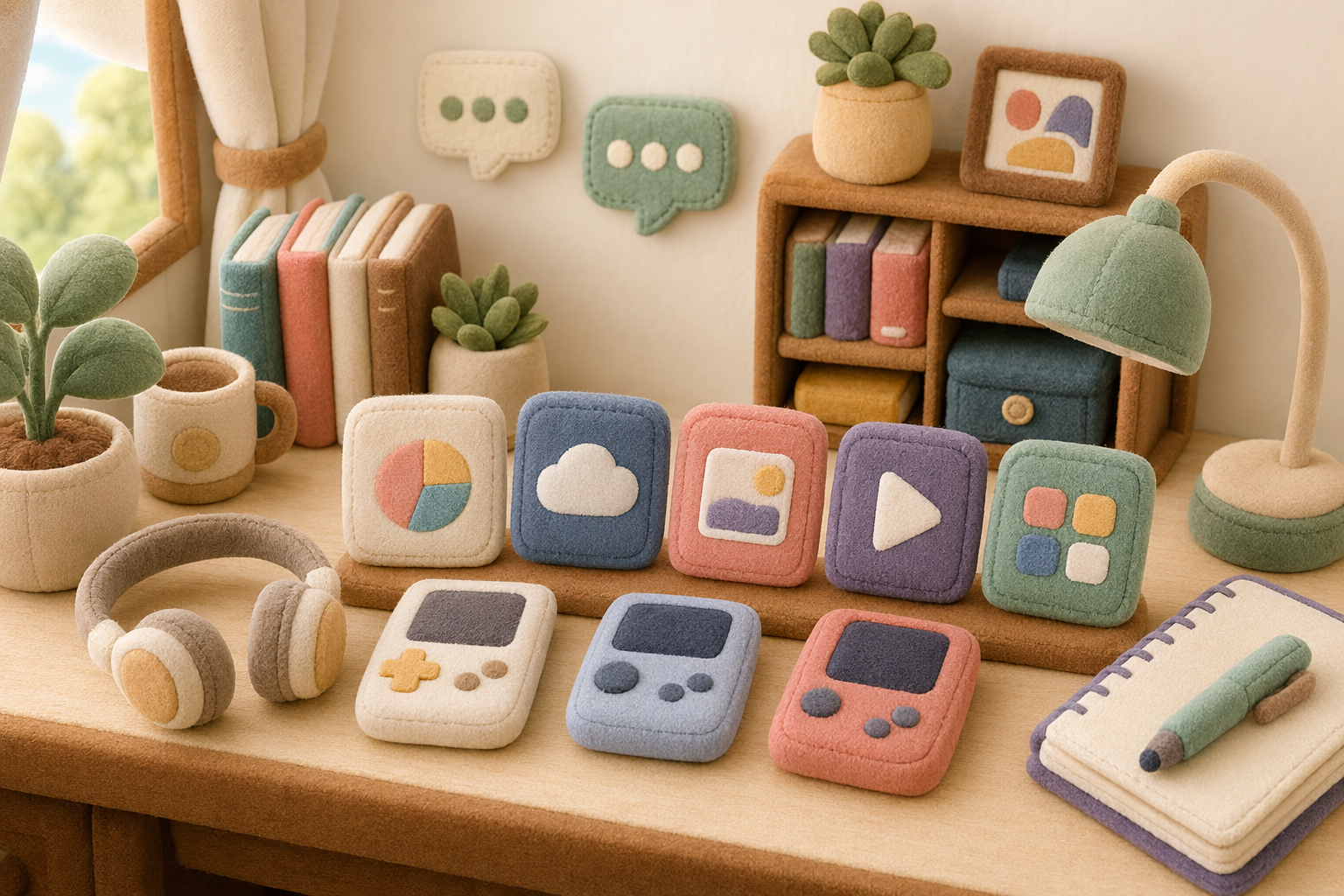 Plush felt app cards and tiny devices in a row on a warm desk — comparing the best language learning apps